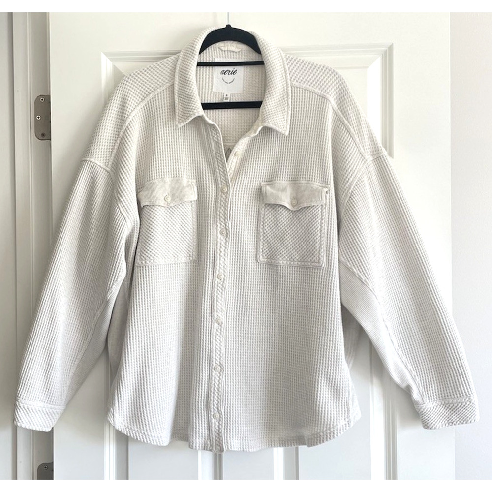 Aerie Womens Size XL Waffle Shirt Oversized Relaxed Thermal Long Sleeve Shacket